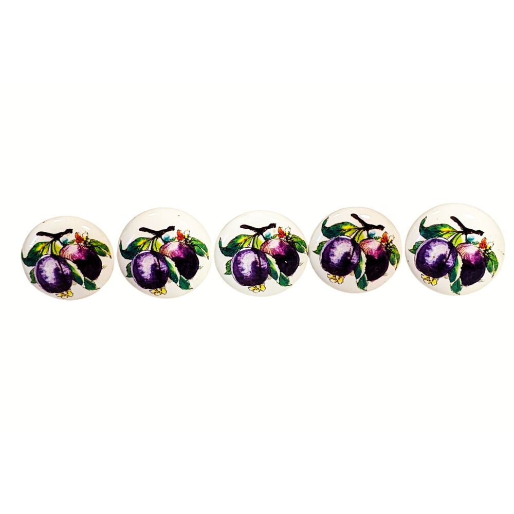 5 Vintage Cabinet Knobs Drawer Pulls Plums Fruit White Ceramic Liberty 80s